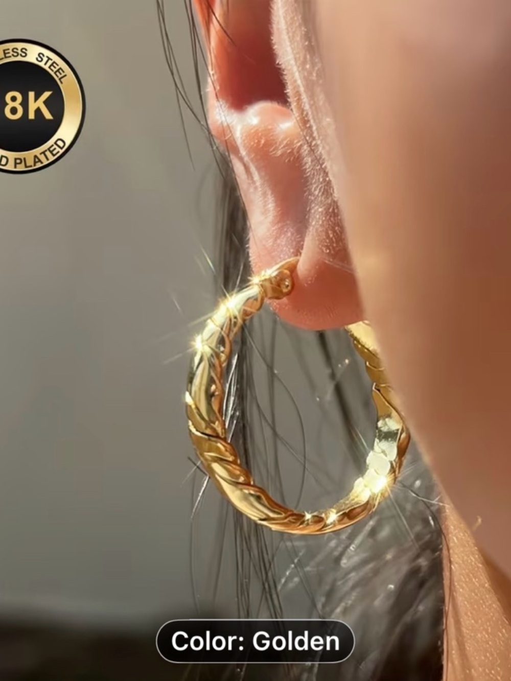 18K Gold-Plated Stainless Steel Twisted Hoop Earrings - Golden - Picture 8 of 9